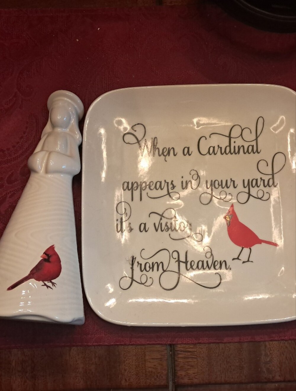 Decorative White Cardinal Ceramic Plate and Angel Memorial Set